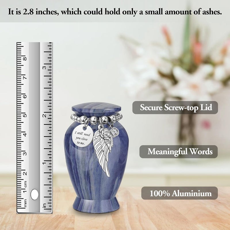 XIUDA Memorials Small Urns for Human Ashes Keepsake Aluminum Mini Urns for Ashes with Angel Wing Charm Decorative Burial Urn Funeral Cremation Urns for Women and Men (Dusty Blue) - Image 2